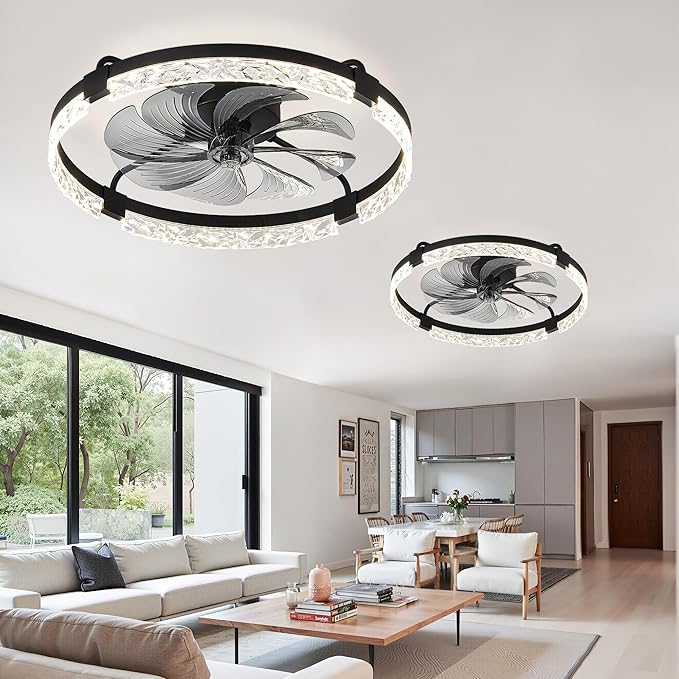 LEDIARY 2 Pack 24 Inch Modern Ceiling Fans with Lights and Remote, Dimmable Flush Mount Ceiling Fan, Black Low Profile Ceiling Fan with 3 CCT and 6 Speeds