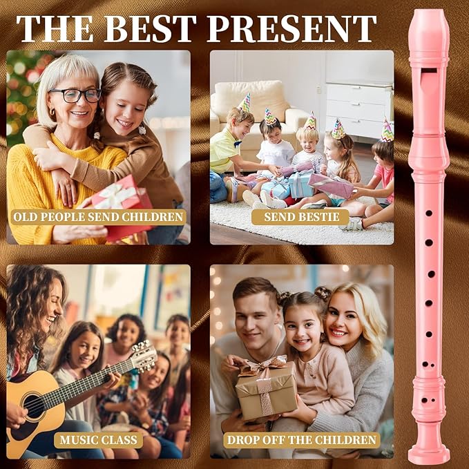 Soprano Recorder for Kids Beginners, German Fingering, C Key, 3 Piece with Cleaning Rod, Bag, Fingering Chart (Pink)…