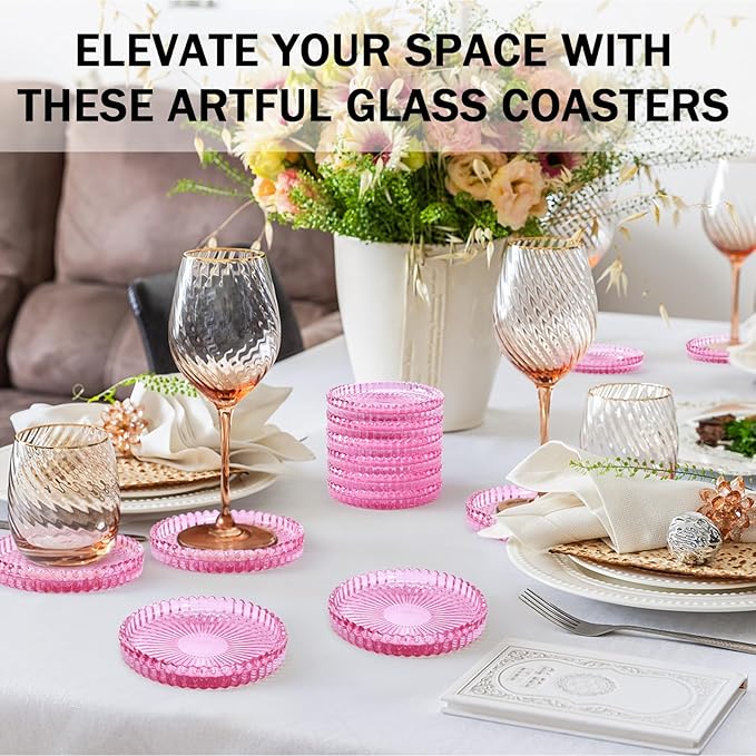 Glass Candle Holders, GOH DODD Set of 8 Crystal Pillar Plates Modern Coasters for Drinks, Centerpiece, Home Decor, Kitchen, Living Room, Patio, Wedding, Halloween, Christmas, Party, Clear Pink