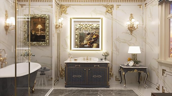 TETOTE 36x36 LED Mirror for Bathroom Gold Metal Frame Frontlit & Backlit Lighted Vanity Mirror Baroque Anti Fog Stepless Dimmable White/Warm/Natural,CRI90+,Waterproof,Wall Mounted(Horizontal/Vertical)