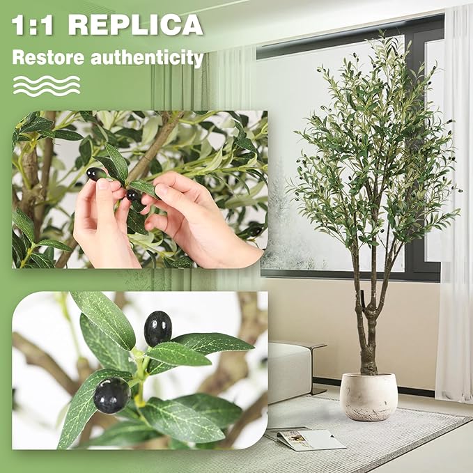 6.23ft Artificial Olive Tree, Faux Olive Tree with Lifelike Fruits, 74.8in Fake Olive Tree with Sturdy Plastic Pot, Artificial Plants for Office Home Living Room Indoor Outdoor Decor