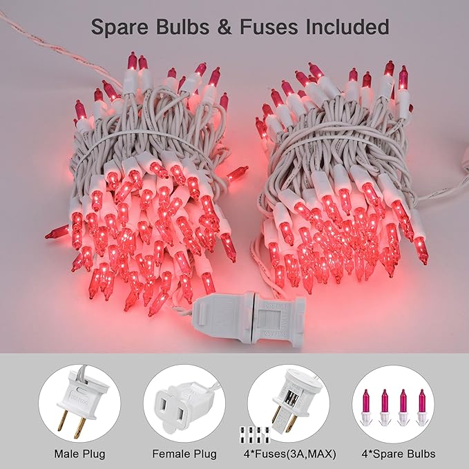 Brizled Pink Christmas Lights,300 Count 69.6ft Incandescent Lights, Connectable Indoor Xmas String Light White Wire, UL Certificated Mini Xmas Tree Light for Christmas Bedroom Wedding Birthday Decor