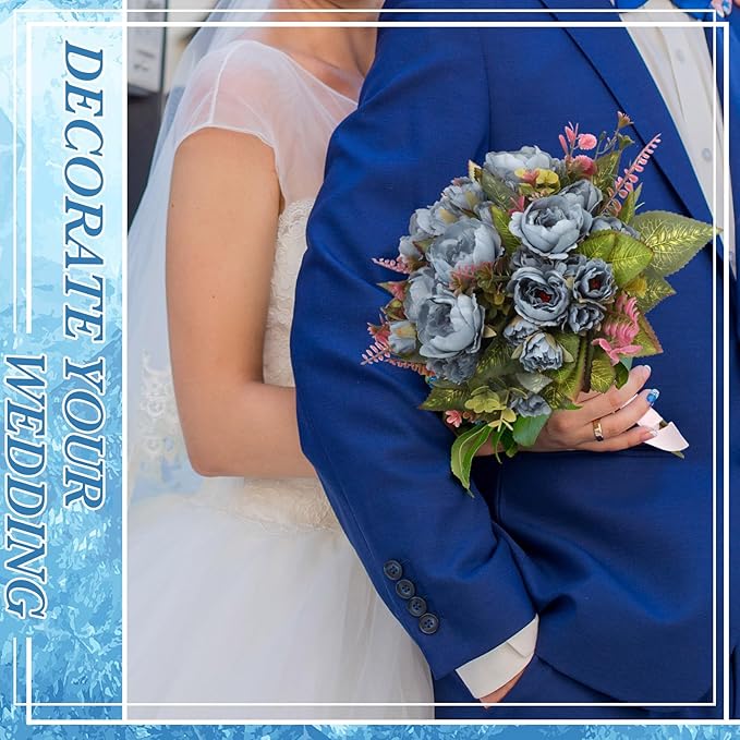 Geosar 8 Bundles Artificial Peonies Flowers Fake Silk Peony Bouquet Faux Peonies Flowers Bulk for Decoration Vase Floral Arrangements Wedding Party Table (Blue)