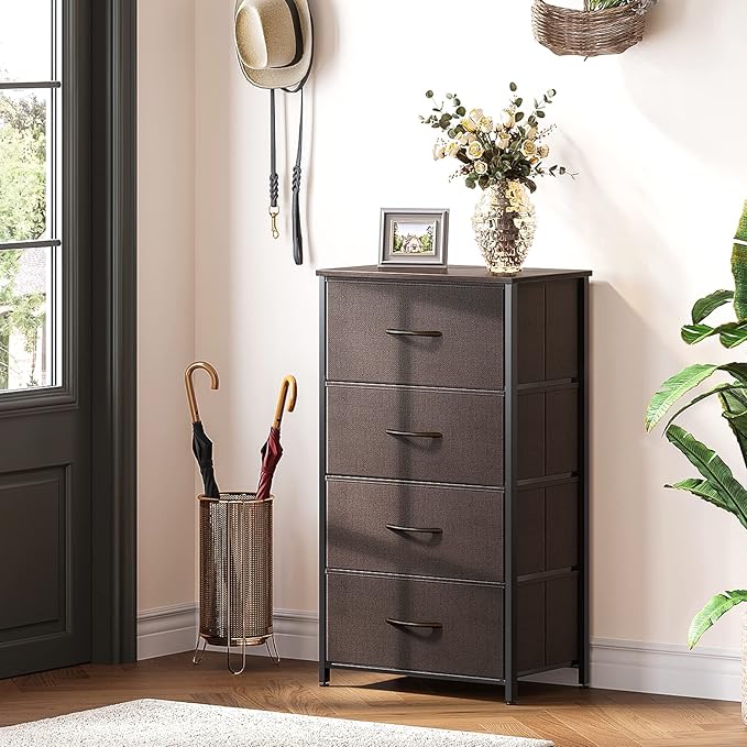 ODK Dresser for Bedroom with 4 Storage Drawers, Small Dresser Chest of Fabric Drawers with Sturdy Steel Frame, Wood Top, Brown