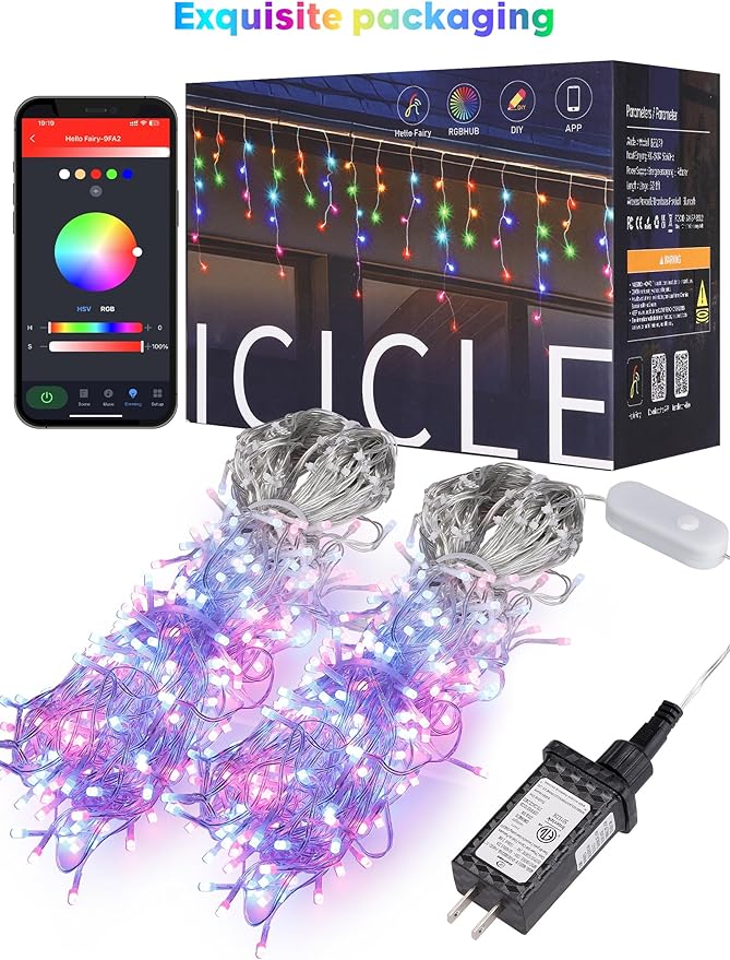 Brightown Smart Icicle Lights for Outside, 33Ft 304 LED RGB Smart Christmas Lights with 58 Preset Modes, App or Remote Control, Music Sync, Memory and Timer Function for Indoor/Outdoor Use