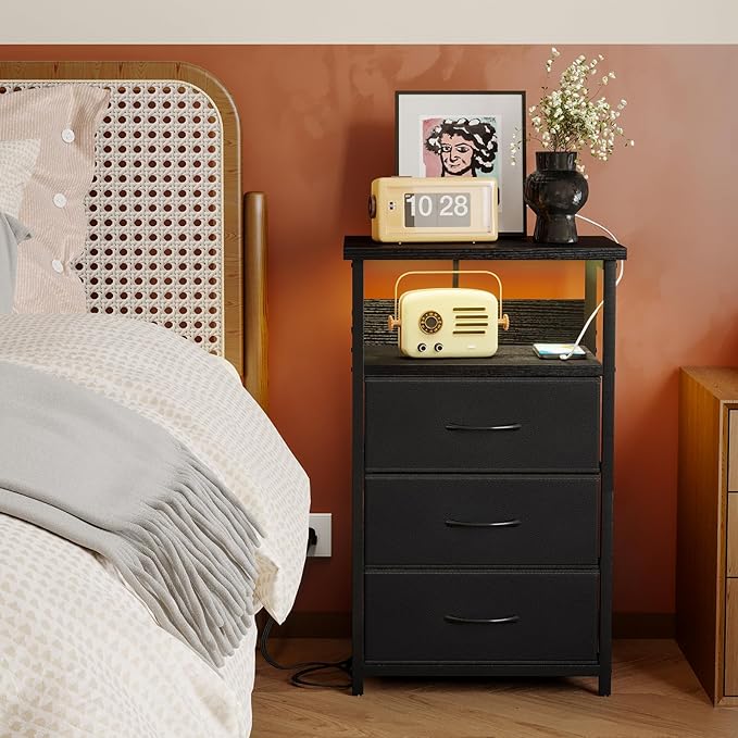 Fixwal Night Stand with Charging Station, LED Nightstand with U-S-B Ports and Outlets, 3 Fabric Storage Drawers with PU Finish, Bedside Table, Black