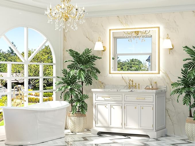 TETOTE Gold LED Bathroom Mirror with Lights 42x36 Front & Back Light Vanity Framed Mirror Baroque Anti Fog Dimmable White/Warm/Natural,CRI90+,Waterproof,Wall Mounted(Horizontal/Vertical)
