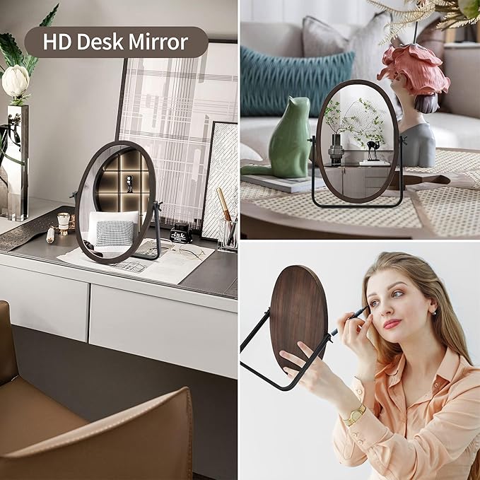Vanity Table Makeup Mirror-Desk Small Standing Vintage Mirrors 360° Adjustable Rotation, Bronze Wood Framed for Dressing Table,Bedroom, Bathroom,Tabletop,Antique,Desktop 11.8'' x 7.8''