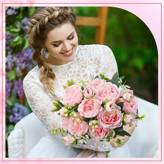 Geosar 2 Bundles Artificial Peonies Flowers Fake Silk Peony Bouquet Faux Peonies Flowers Bulk for Decoration Vase Floral Arrangements Wedding Party Table (Pink)