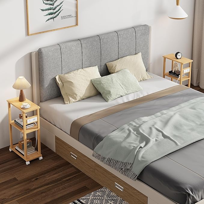 TUTOTAK Small Narrow Side Table with Charging Station, Skinny End Table for Small Spaces, Slim Nightstand with USB Ports and Outlet, Sofa Beside Table with Wheels, Natural TB01BN046