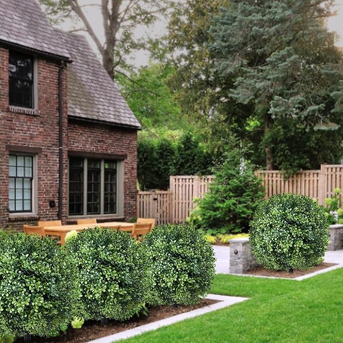 24" Artificial Topiary Boxwood Ball Tree with Ground Spike, Set of 2, UV Resistant Outside Fake Bushes Plants, Faux Cedar Balls Faux Shrubs Plastic Plants for Outdoor Indoor Front Porch Garden Decor