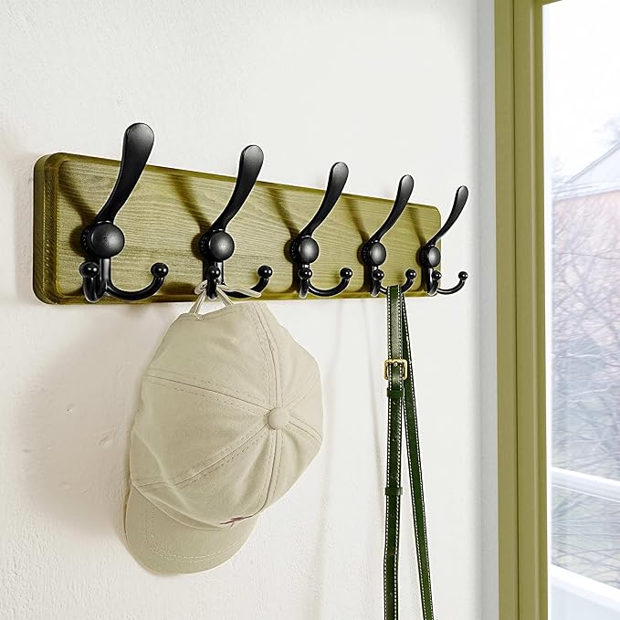 Dseap Coat Rack Wall Mount - Heavy-Duty Robust Barnwood-Style Wooden Wall Coat Hanger Hook Rail with 5 Triple Hooks for Winter Coats Hat Jacket Clothing, Weathered Green & Black, Pack of 2