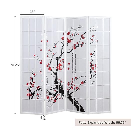 Roundhill Furniture White Japanese 4-Panel Screen Room Divider, Plum Blossom