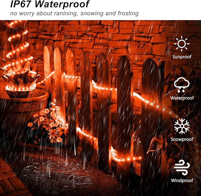 JMEXSUSS 2 Pack Orange Rope Lights Battery Operated Halloween Lights Outdoor Waterproof, Each 33 ft 100 LED Battery String Lights with Remote, Orange Light for Balcony Garden Halloween Decor