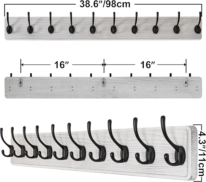 SKOLOO Rustic Wall Mounted Coat Rack, Case of 2, Pine Solid Wood Coat Hook Hanger - 10 Hooks for Hanging Clothes Robes Towels Coats