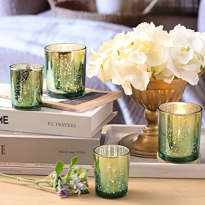 Volens 12pcs Assorted Green Votive Candle Holders, Large Speckles Mercury Glass Votive & Tealight Candle Holder Bulk for Wedding Table Centerpiece, Green and Gold Themed Party Decorations
