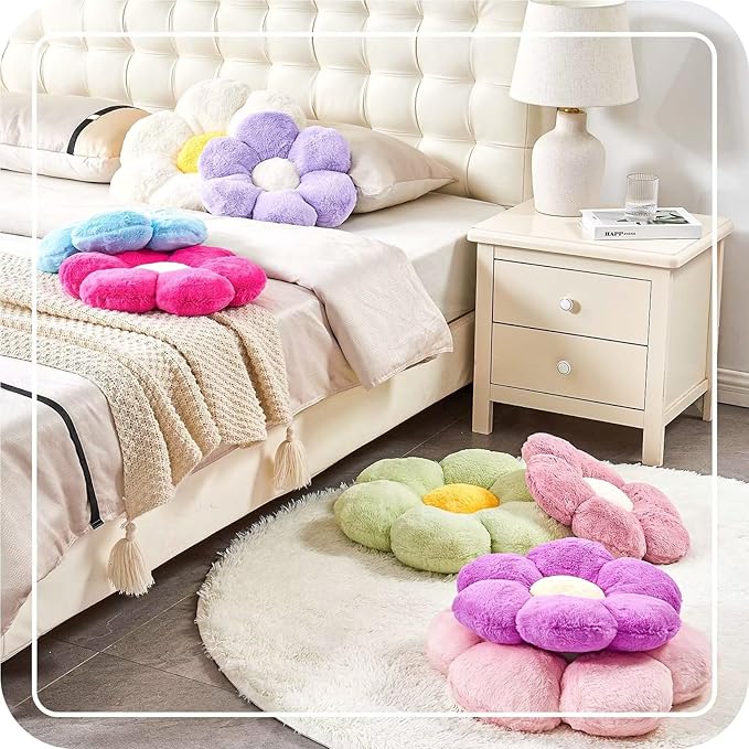 Dusty Rose Flower Pillow, Cute Decorative Flower Shaped Throw Pillow with Faux Rabbit Fur, 19.6" Soft Flower Plush Throw Pillow Floor Pillows Room Décor for Bedroom Living Room