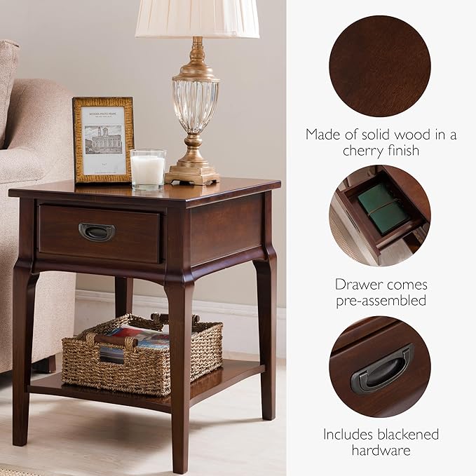 Leick Home Stratus End Table, 1 Drawer, Display Shelf, Solid Wood, 30 in x 12 in x 28 in, Heartwood Cherry, 22007