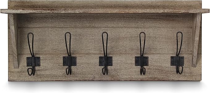 HBCY Creations Rustic Wall Mounted Coat Rack with Shelf - Solid Wood 24" Entryway Shelf with 5 Coat Hangers. Perfect Touch for Your Entryway, Mudroom, Kitchen, Bathroom and More, Weathered Brown