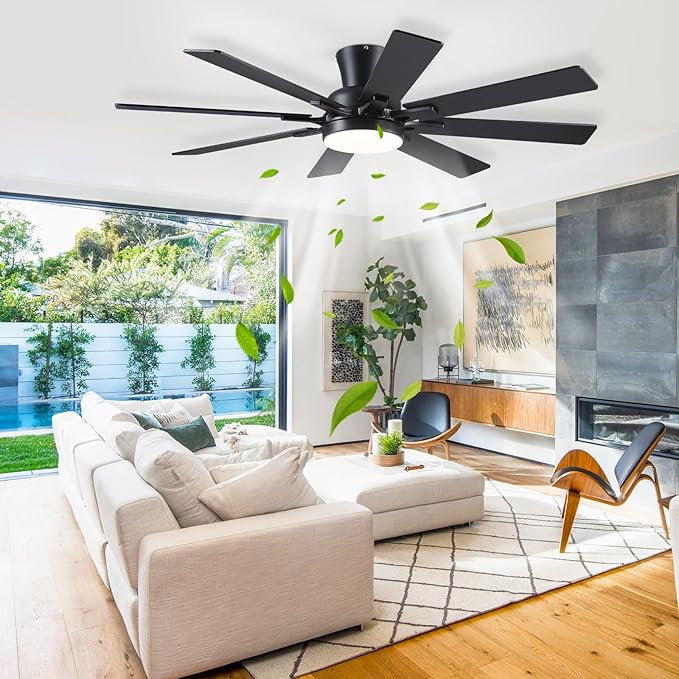 Ceiling Fans with Lights- 52" Low Profile Indoor Ceiling Fan with Light and Remote/APP Control, 8 Blade,Flush Mount, LED Dimmable DC Reversible Modern Ceiling Fan for Bedroom(Black)