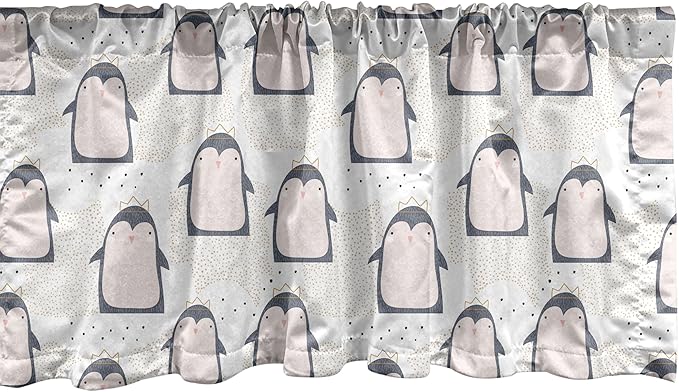 Ambesonne Penguin Window Valance, Pastel Colored Style Cartoon Animals from Antarctica Crowns on a Dotted Background, Curtain Valance for Kitchen Bedroom Decor with Rod Pocket, 42" x 18", Grey Pink