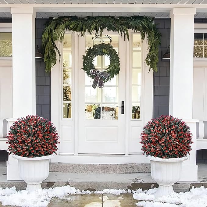 2 Pack Xmas Artificial Boxwood Topiary Ball Tree with Spike Christmas Yard Decoration, 24" Outdoor Faux Shrub Bushes Topiaries Plant, UV Resistant Fake Boxwood Plants for Porch Potted Planter Pathway