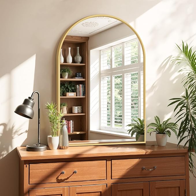 Sweetcrispy Arched Bathroom Mirror 30x20.5 Inch Gold Metal Framed Arch Vanity Mirror for Wall, Over Sink, Farmhouse, Restroom, Anti-Rust, Modern Decorative, Hanging or Leaning
