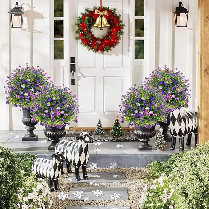 2 Pack Artificial Topiary Ball Trees Boxwood Shrubs with Spikes, UV Resistant Fake Flowers Bushes for Outdoor, Look Real Faux Plants for Porch Pathway Garden Yard Patio Halloween Decor -Purple