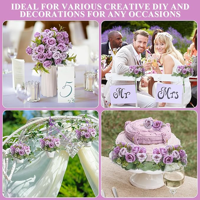 Zeyune 8 Pack 12 Inch Wedding Bouquets for Bride Bridesmaid Purple and Lilac Artificial Rose Bouquet Fake Silk Roses Flowers Bunches Bulk for Home Office Garden Parties Decoration