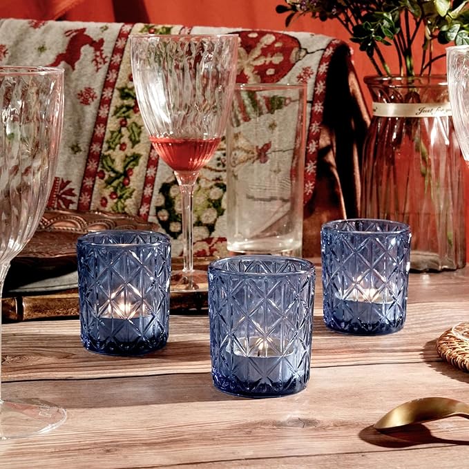 48pcs Blue Votive Tealight Candle Holders, Glass Tea Light Candle Holders for Table Centerpieces, Candle Holder for Wedding Decor, Gift, Home Decoration(Blue,48)