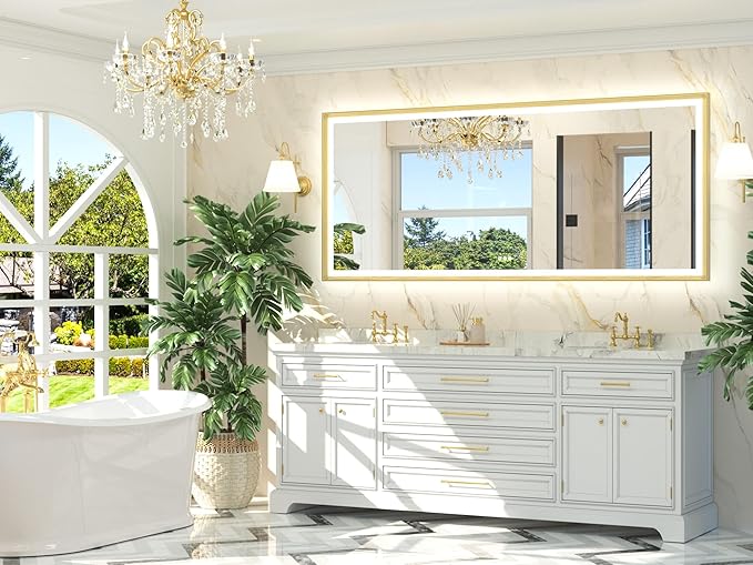 TETOTE 84x36 LED Bathroom Mirror with Lights Gold Frame Frontlit & Backlit Lighted Vanity Mirror Baroque Anti Fog Dimmable White/Warm/Natural,CRI90+,Waterproof,Wall Mounted(Horizontal/Vertical)