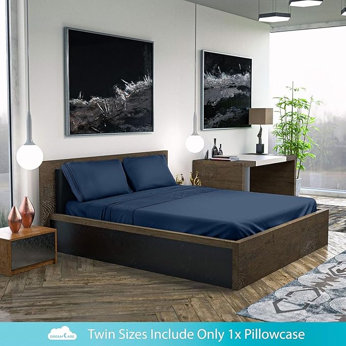 DREAMCARE Twin XL Sheet Sets – 3pcs Cooling Sheets – up to 15” Deep Pocket Twin XL Sheets Set – Hotel Luxury Sheets & Pillowcases – Superior Softness 100% Fine Microfiber with Side Pocket – Navy Blue