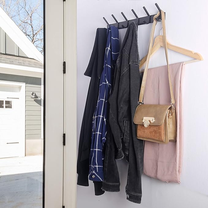 WEBI Coat Rack Wall Mounted,17-1/8 Inch Coat Hooks for Hanging Coats,Heavy Duty Metal Hook Rack Rail with 6 Double Dual Hooks Coat Hanger Wall Mount for Clothes Jacket,Black,2 Packs