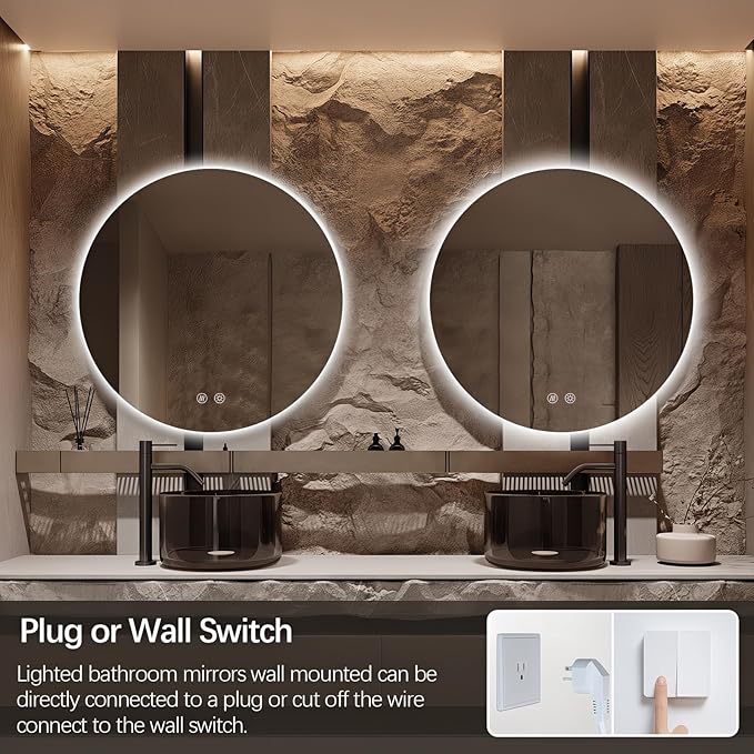 Niccy Round Led Mirror for Bathroom, 36" Circle Frameless Backlit Mirror wiht Light, Anti-Fog, 3 Colors, Waterproof, Memory Function