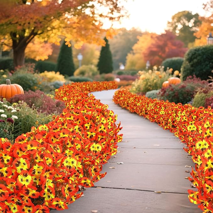 Ouddy Decor 15 Bundles Fake Mums Artificial Fall Flowers for Decorations, Fall Faux Pansy Flowers UV Resistant Fake Plants for Garden Porch Patio Farmhouse Autumn Harvest Thanksgiving Decor, Orange