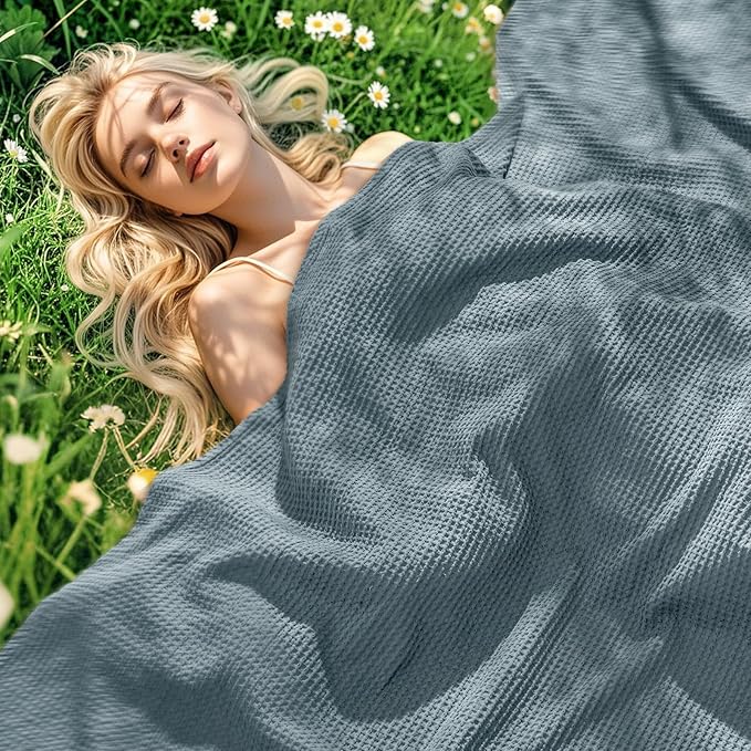 PHF 100% Cotton Waffle Weave Blanket Twin Size for Bed,Snag Proof Lightweight Breathable Moisture-Wicking Throw for Couch,Great for Layering in Cold Weather,Machine Washable,Home Decor Gift-Ocean