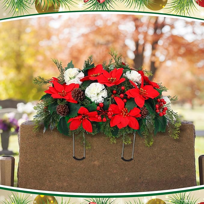 Christmas Cemetery Decorations for Grave Headstone Flower Saddle Artificial Flower Saddles Red Poinsettia Outdoor Memorial Headstone Realistic Bouquet(Red and White,Elegant Style)