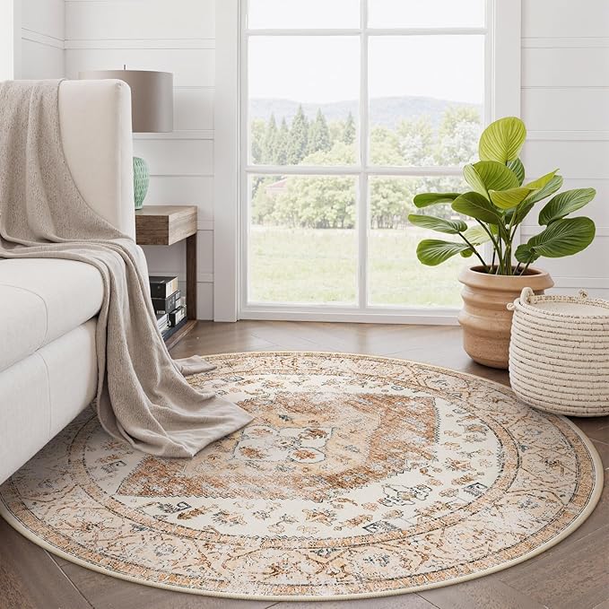 Lahome Boho Round Rugs - 4Ft Washable Non-Slip Small Round Area Rug Throw Lightweight Round Nursery Carpet Kids,Oriental Distressed Print Kitchen Mat for Bedroom Entryway Bathroom Living Room