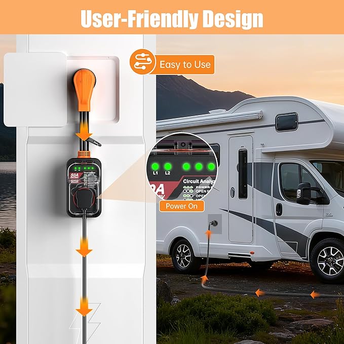 MILLIONHOME 𝟏𝟖𝟎𝟎𝟎 𝐉𝐨𝐮𝐥𝐞𝐬-RV Surge Protector 50 Amp, RV Power Surge Voltage Protection, RV Adapter Plug for Camper, Circuit Analyzer for Travel Trailers with Waterpoof Cover(Orange-Black)