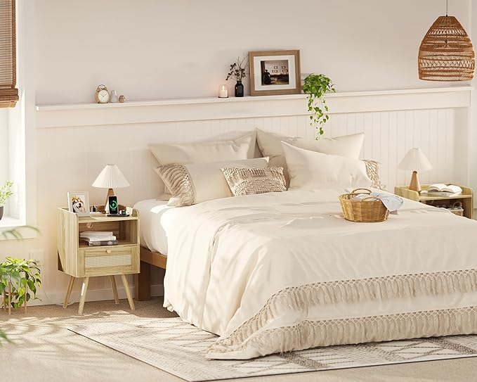 SUPERJARE Nightstand with Charging Station & Rattan-Like Decor Drawer, Rattan End Table with Solid Wood Feet, Bed Side Table with Open Storage, for Bedroom, Living Room, Dormitory - Natural
