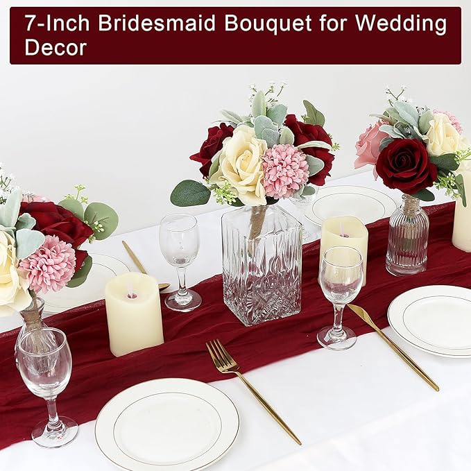 Set of 2 Artificial Bridesmaid Bouquets Blush & Burgundy -7 Inch Silk Rose Wedding Flower Bouquets for Bridesmaid Holding Flowers , Bridal Shower, Wedding Centerpiece Ceremony and Anniversary
