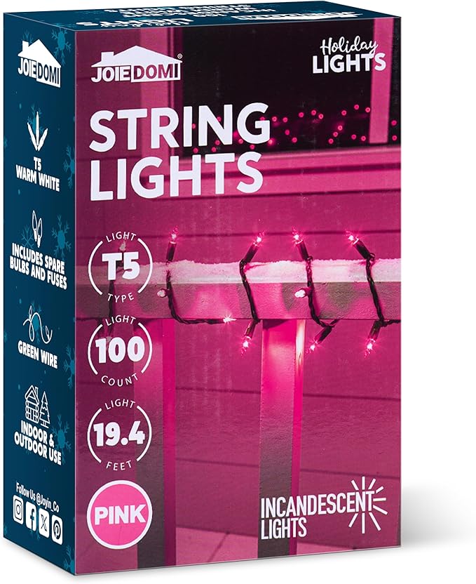 Joiedomi Pink Christmas String Lights,100 Count 21.4FT Fairy Tree Lights Plug in for Indoor Outdoor Xmas Valentines Decor Patio Holiday Theme Party Yard House,Green Wire