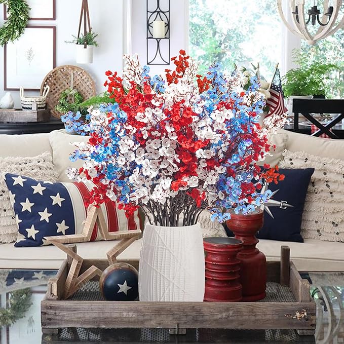Uieke 6Pcs 4th of July Artificial Flowers Fake Patriotic Babys Breath Flowers for Independence Day Decor Blue White Red Silk Flowers for Memorial Day Floral Arrangement Home