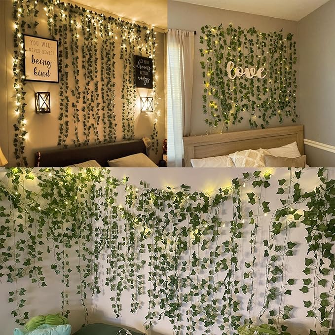 RECUTMS Ivy Fake Vines 24 Pack 173 FT Artificial Vine with 200 LED String Light Leaves Wall Decor Leaf Plants Greenery Garland Hanging Plant for Aesthetic Room Garden Office Wedding Decorations