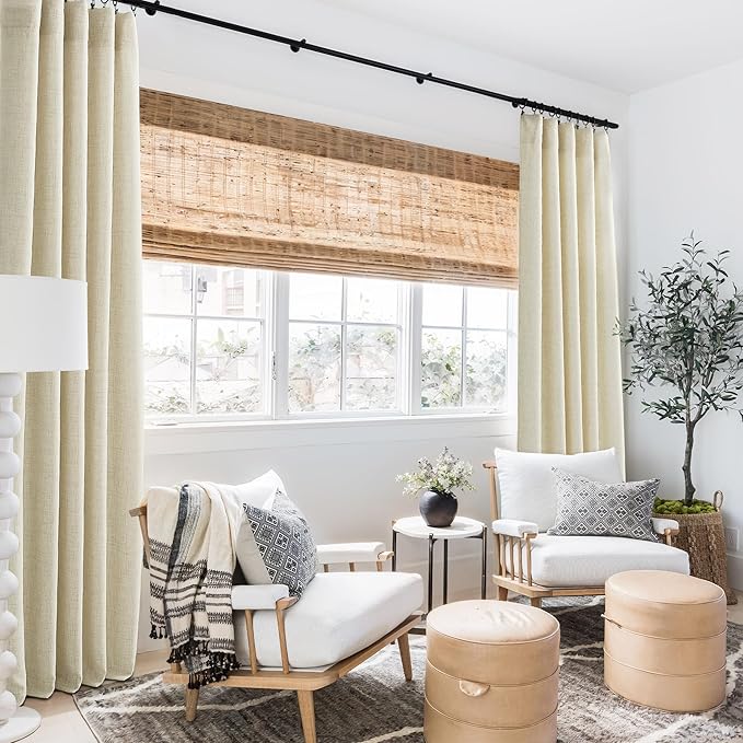 RYB HOME Living Room and Dining Room Curtains and Drapes Linen Sheer, Light Filtering Curtains 108 inches Long, Weave Textured/Rod Pocket, Cream Colored, W 52 x L 108 inches, 2 Panels Set