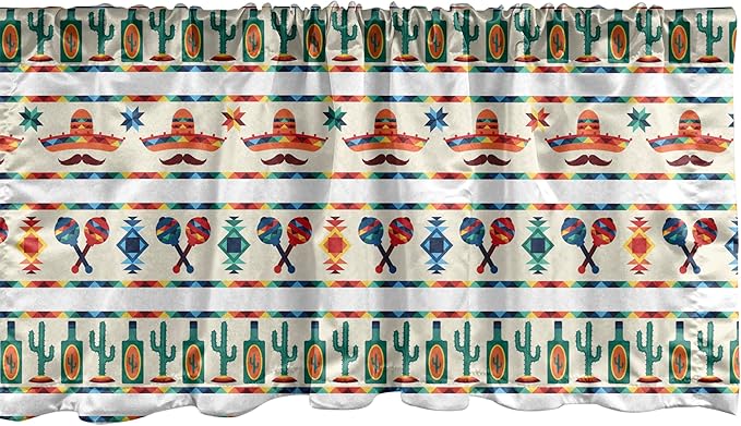 Ambesonne Mexican Window Valance, Latin American Cultural Native Borders Indigenous Saguaro Sombrero Tequila Bottle, Curtain Valance for Kitchen Bedroom Decor with Rod Pocket, 54" X 12", Jade Green