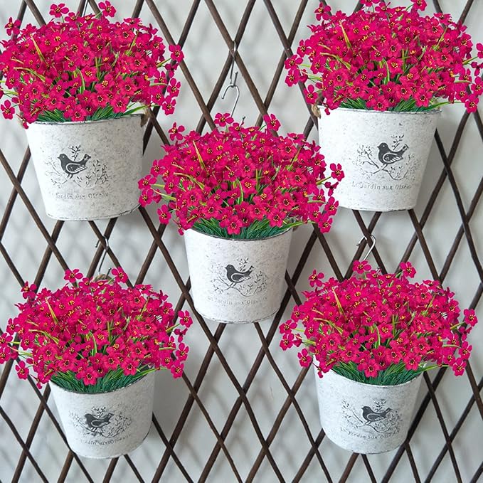 Lnoicy 12 Pcs Artificial Flowers for Outdoor,Plastic Flowers Decoration, UV Resistant Faux Flowers Shrubs, Artificial Plants for Indoor Outside Garden Home Wedding Farmhouse(Rose Red)