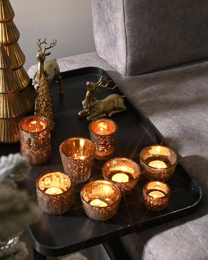 DN DECONATION 8PCS Gold Mercury Glass Candle Holder, Assorted Mercury Glass Votive Candle Holders, Vintage Tea Light Candle Holder for Wedding, Parties, Centerpieces, Decorations
