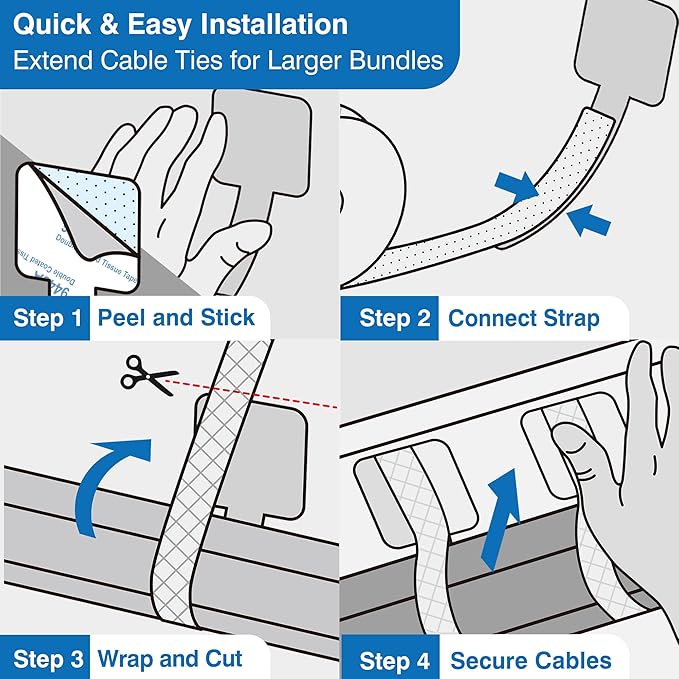 Cable Management Kit – 40 Self-Adhesive Hook & Loop Cable Ties with 2 Extension Straps, Strong Adhesive Cord Organizer for Desk, Wall, Home & Office – Adjustable Wire Holders (Black)