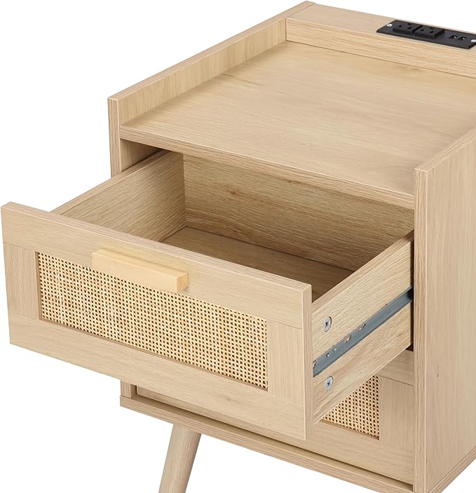 Finnhomy Nightstand with Charging Station, Bedside Table with 2 Hand Made Rattan Decorated Drawers, Night Stand with Storage for Bedroom, Natural